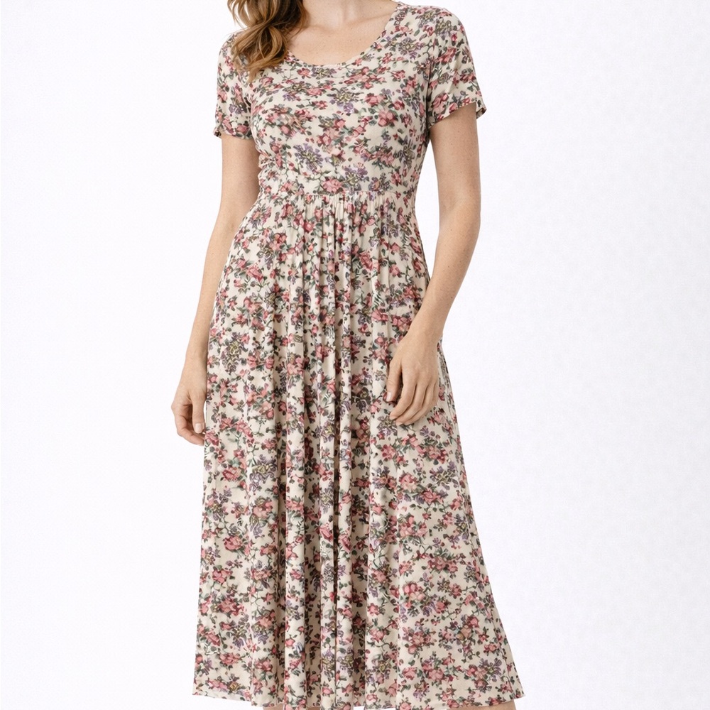 Vintage 90s Nostalgia Cream Pink Floral Midi Summer Dress Small